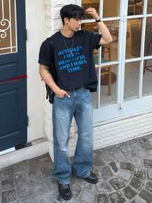 DAZY Camiseta de tela negra con estampado de letras azules de unicolor para hombres, camiseta gráfica de verano - Azul - Ver 3