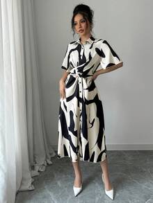 Selianne 女士度假印花单排扣褶裥系带时尚连衣裙 - 黑色 - 查看 4