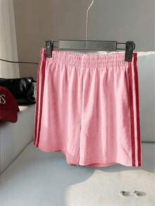 Comfortcana 2026 New Summer Pink & Red Striped Side Elastic Waist Casual Shorts - Pink - View 5