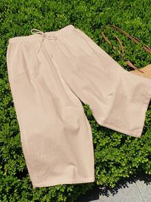 Comfortcana Quần dài nữ cỡ lớn màu mơ, kiểu dáng thường ngày, thời trang mùa hè, 100% cotton. - Màu be - Xem 4