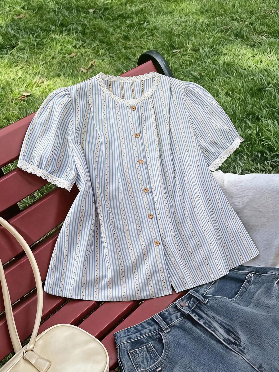 Flirla Plus Size Plaid Embroidered Contrast Ruffle Puff Sleeve Shirt - Blue - View 1