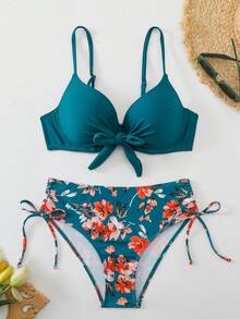 Swim Lushoire Lushoire 两件套成熟时尚性感泳装套装，包括纯色系带泳衣上装和植物印花短裤，适合夏季海滩度假。 - 彩色 - 查看 3