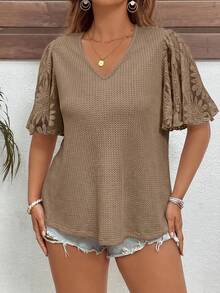 Reflora Plus Size Elegant Waffle Knit Patchwork Ruffle Sleeve T-Shirt Brunch Khaki Summer - Mocha Brown - View 5