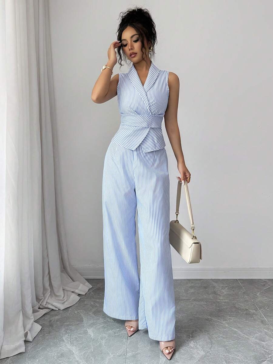 SHEIN Elenzya Women's Striped Waist Fitted Tank Top And Loose Wide Leg Pants 2 Pieces Set - Blue and White - View 1