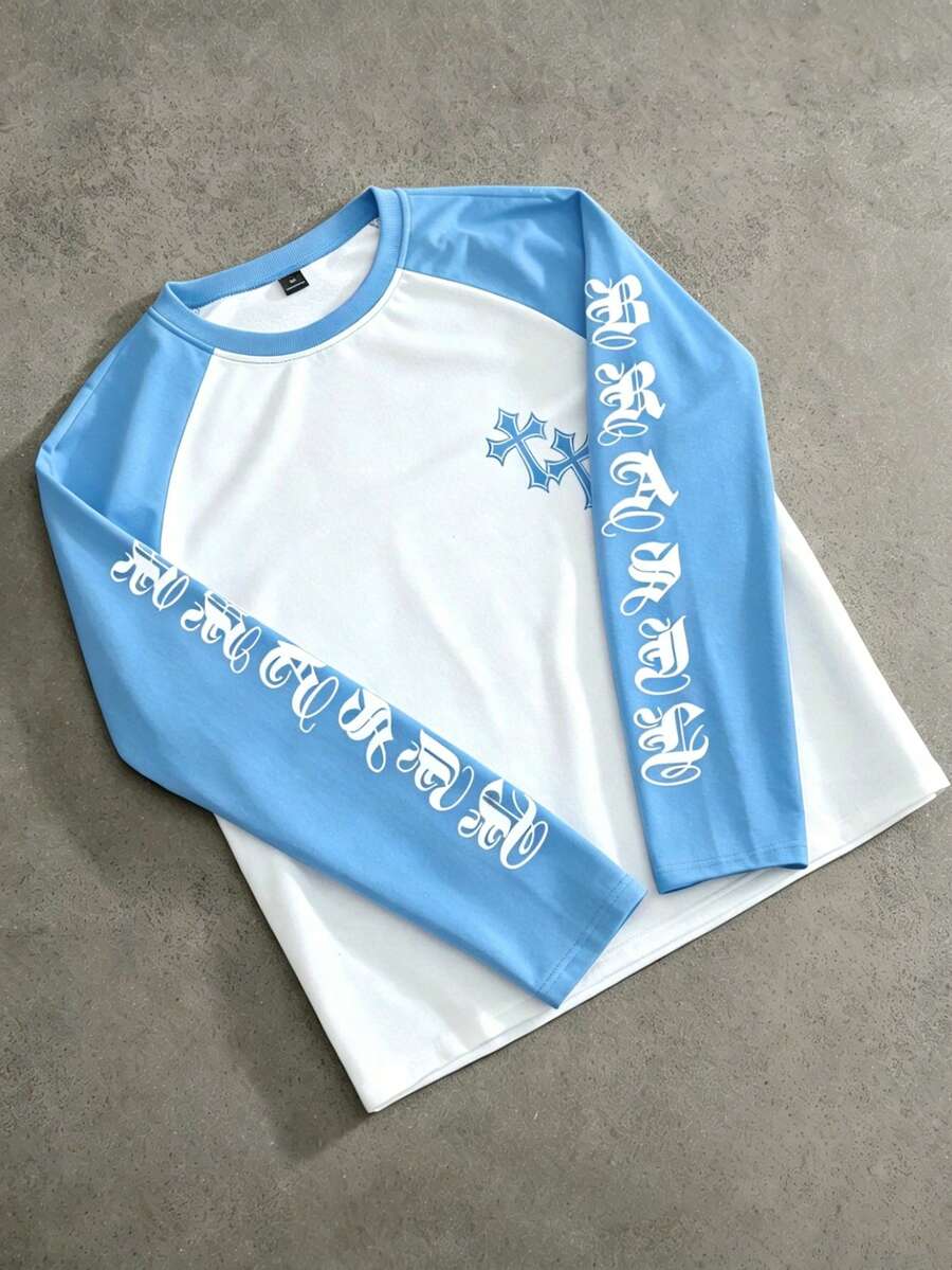 PAVTROS Men's Contrast Color Round Neck Raglan Sleeve Long Sleeve T-Shirt With Letter & Cross Print, Suitable For Daily Life, Travel And Vacation - Blue - View 1