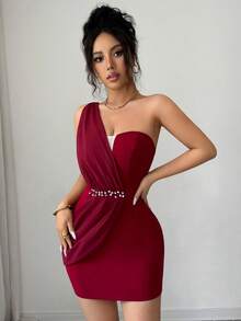 Elenzga فستان نسائي أنيق رومانسي متطور بتصميم غير متماثل من قطع قماش مرقعة بشكل ماسي، تنورة منسدلة، فستان حفلة - عنابي اللون - مشاهدة 7