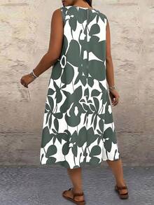 EMERY ROSE Plus Size Women Vacation Floral Print Contrast Color Sleeveless Dress, Beach - Green - View 2