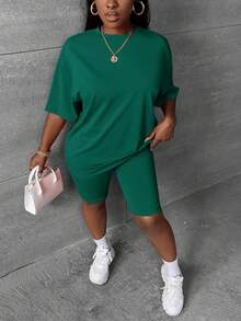 Slaydiva Women's Solid Color Round Neck Simple T-Shirt And Casual Skinny Shorts Set, Suitable For Home And Office - Olive Green - View 5