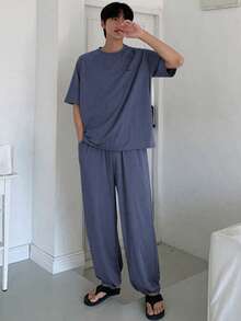 DAZY 1套男士夏季纯灰色T恤和裤子配套睡衣套装，秋冬服装 - 藍色 - 查看 8