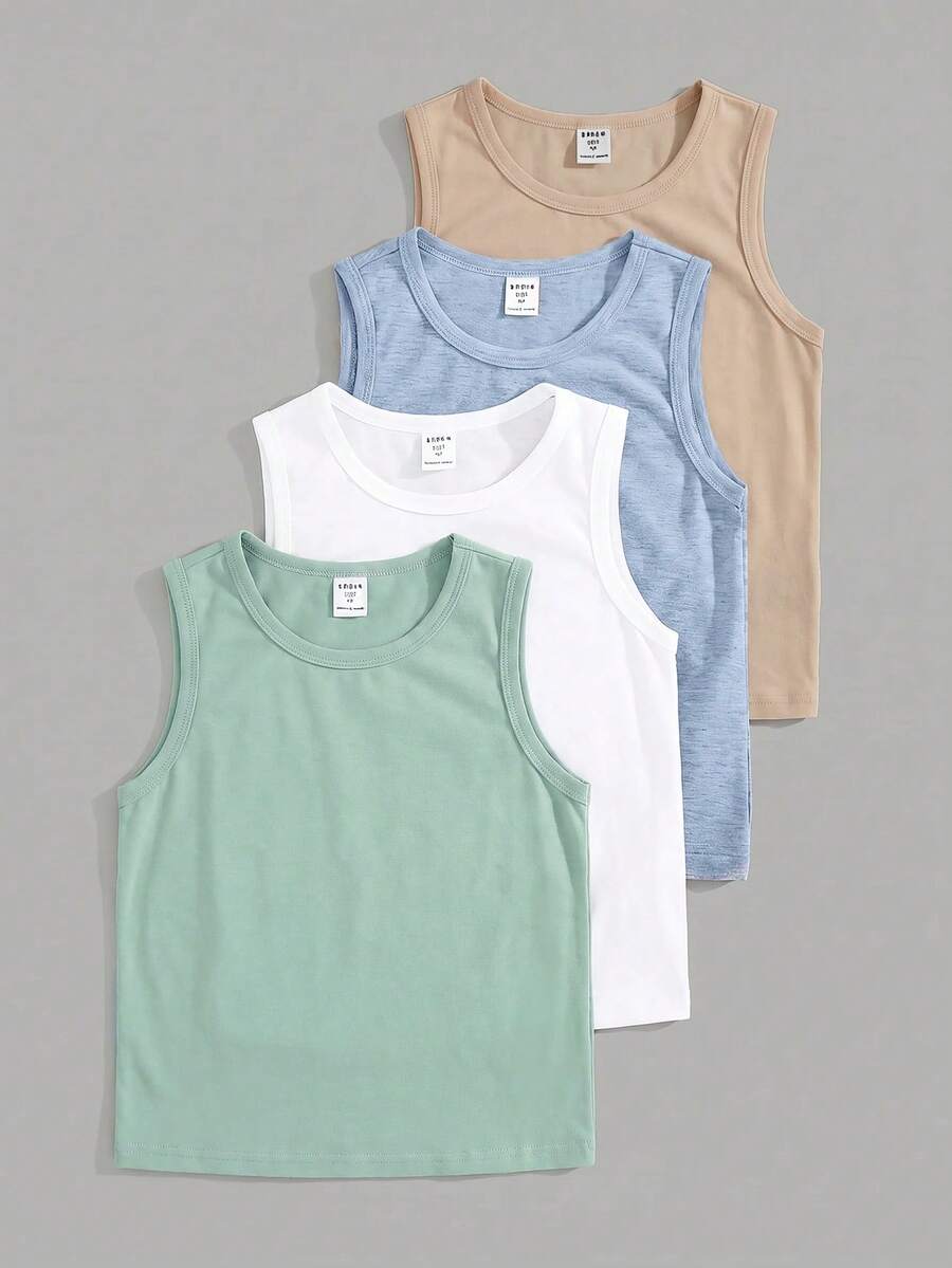 4 piezas Tops casuales y cómodos sin mangas para niños pequeños, multicolor, adecuados para primavera y verano - Multicolor - Ver 1