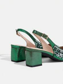 CUCCOO TILAWA Europäischer und amerikanischer Modestil, vollständig mit Diamanten besetzter Riemchenpumps mit dickem Absatz und quadratischer Zehenform, grüne Damenschuhe für Einkaufen, Partys, Bankette, Büro, modische Damenhochschuhe - Grün - Übersicht 11