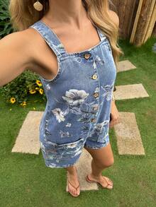 Breezaya Bộ áo liền quần denim nữ kiểu dáng thường ngày in hoa có túi, thích hợp cho mùa hè. - Nhiều màu - Xem 6