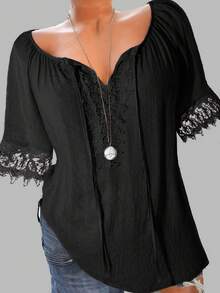 SHEIN LUNE CURVE Plus Size Women Fashion Resort Textured Lace Patchwork Tie Front Shirt - Black - View 3
