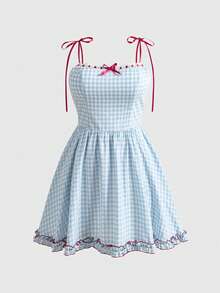 Sweetness Summer Dress Plus Size Fashionable Young Girl's French Countryside Waist Cinched Plaid Strap For Vacation Navy Blue Cute Gym Kawaii - Blue - View 1