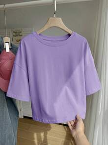 Comfortcana Purple Solid Color Dropped Shoulder Casual Plus Size T-Shirt - Purple - View 5