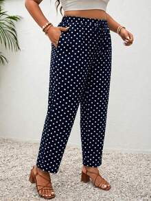 Lounesse Plus Size Navy Blue Polka Dot Print Casual Pants, Suitable For Summer - Multicolor - View 3