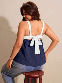 Elaquor Plus Size Summer Casual Contrast Color Tie Strap Backless Camisole - Navy Blue - View 1