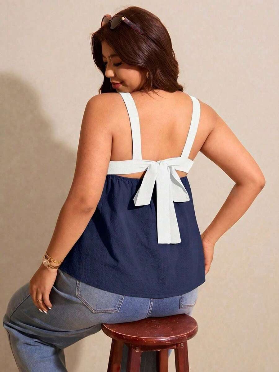 Elaquor Plus Size Summer Casual Contrast Color Tie Strap Backless Camisole - Navy Blue - View 1