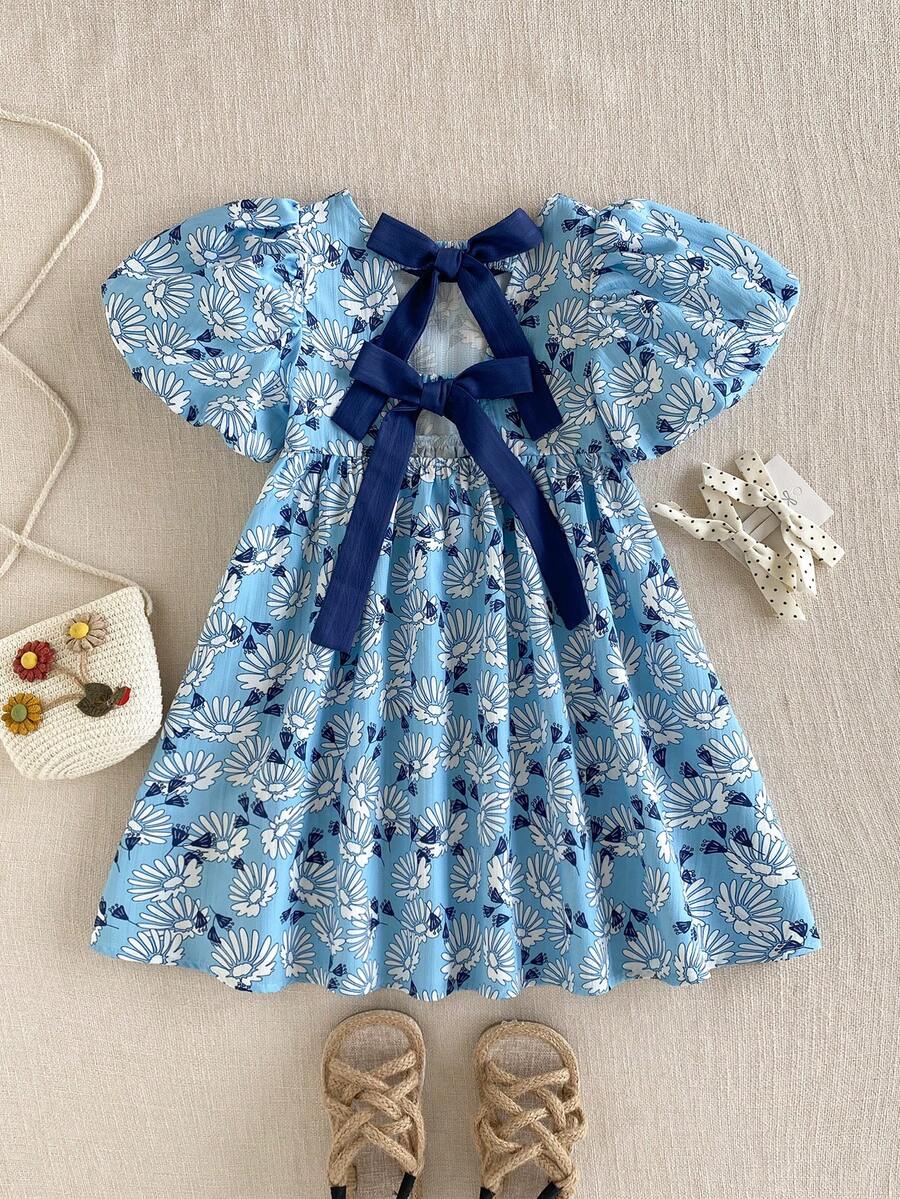 PrepCrw 1件儿童/少女休闲优雅度假风宽松波点印花泡泡袖方领梭织连衣裙,适合日常穿着、返校、郊游、聚会、节日、春夏季节。 - 白色 - 查看 1