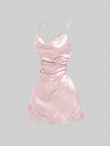 Sweetra New Satin Mini Dress With Contrast Lace, Coffee Color, Suitable For Party Wear - Pink - View 8