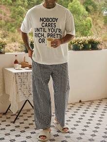 DAZY Men's Summer Letter Print T-Shirt And Plaid Pants Pajama Set - Multicolor - View 4