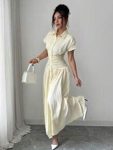 Modelyn French Design Collared Pleated Striped Long Dress For Women - Light Yellow - View 5