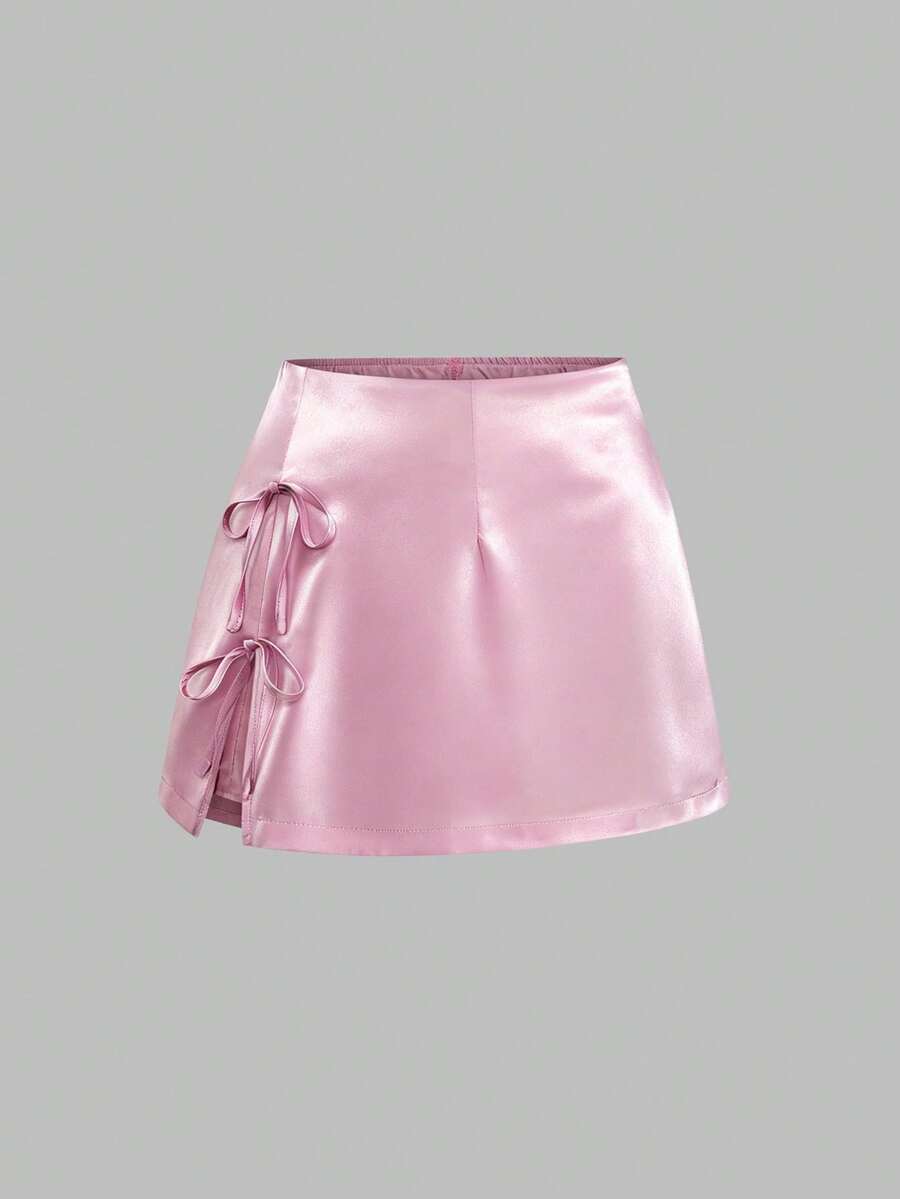 Sweetra Plus Size Women Summer Casual Vacation Sweet Cute Solid Color Satin Side Knot A-Line Skirt - Pink - View 1