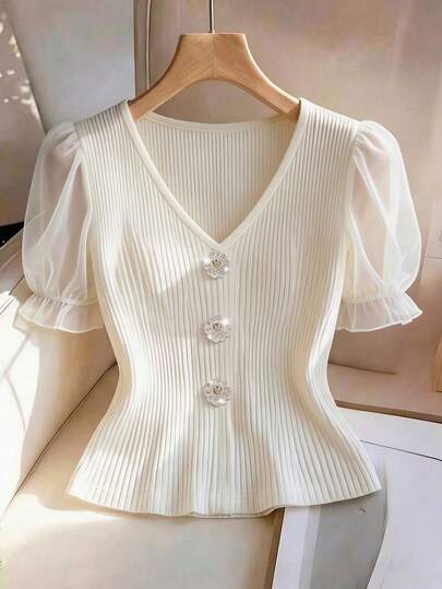 SHEIN Women's Elegant Mesh Patchwork Rhinestone Decorated T-Shirt, Summer