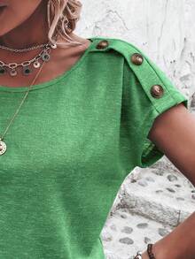 EMERY ROSE Women's Button Decor Round Neck Short Sleeve T-Shirt - Green - View 6