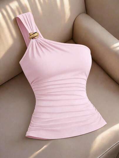 Franclia Women's Sleeveless Camisole, Metal Buckle Decor On Shoulder, All-Match Silhouette, Knit Fabric, Versatile Fitted Fashionable Style Elegant Classy Tops For Women For Women Pink One Shoulder Top Body Tops For Ladies Girly Top Pretty Top Fitted Tops Tight Fitting Tops Designer Top Yoga Top Yk2k Tops Yisikado Dress Yummy Control Bathing Suit Zestiva Swimsuit Zip Up Top Zipper Top Clothes For Ladies Discount One Sided Top Y2k Tops