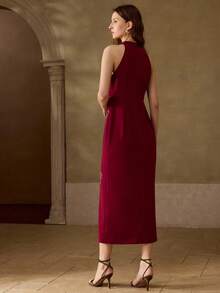 MOTF PREMIUM WOMEN'S ELEGANT FLORAL EMBROIDERED SLIT DRESS - Burgundy - View 3