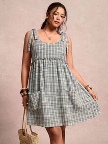 Freevana 大码女式夏季休闲沙滩度假风印花系带吊带连衣裙 - 藍色 - 查看 5