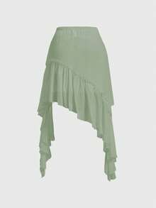 SHEIN MOD Plus Size Women's Asymmetrical Ruffle Hem Skirt - Green - View 2