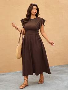 Elaquor Plus Size Casual Solid Color Flutter Sleeve Dress - Coffee Brown - View 8