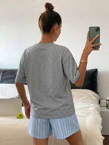 DAZY 女款條紋短袖上衣與短褲睡衣套裝 夏季 - 灰色 - 查看 2