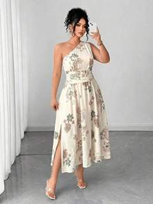 Vestido elegante de mujer de talla con estampado floral azul y blanco, elegante y chic para fiestas, graduaciones, vacaciones, festivales, citas, bodas y salidas - Albaricoque - Ver 3