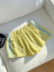Comfortcana Women's Summer Casual Sports Everyday Commute Waffle Fabric Yellow Contrast Blue Stripe Side Loose Shorts - Yellow - View 2