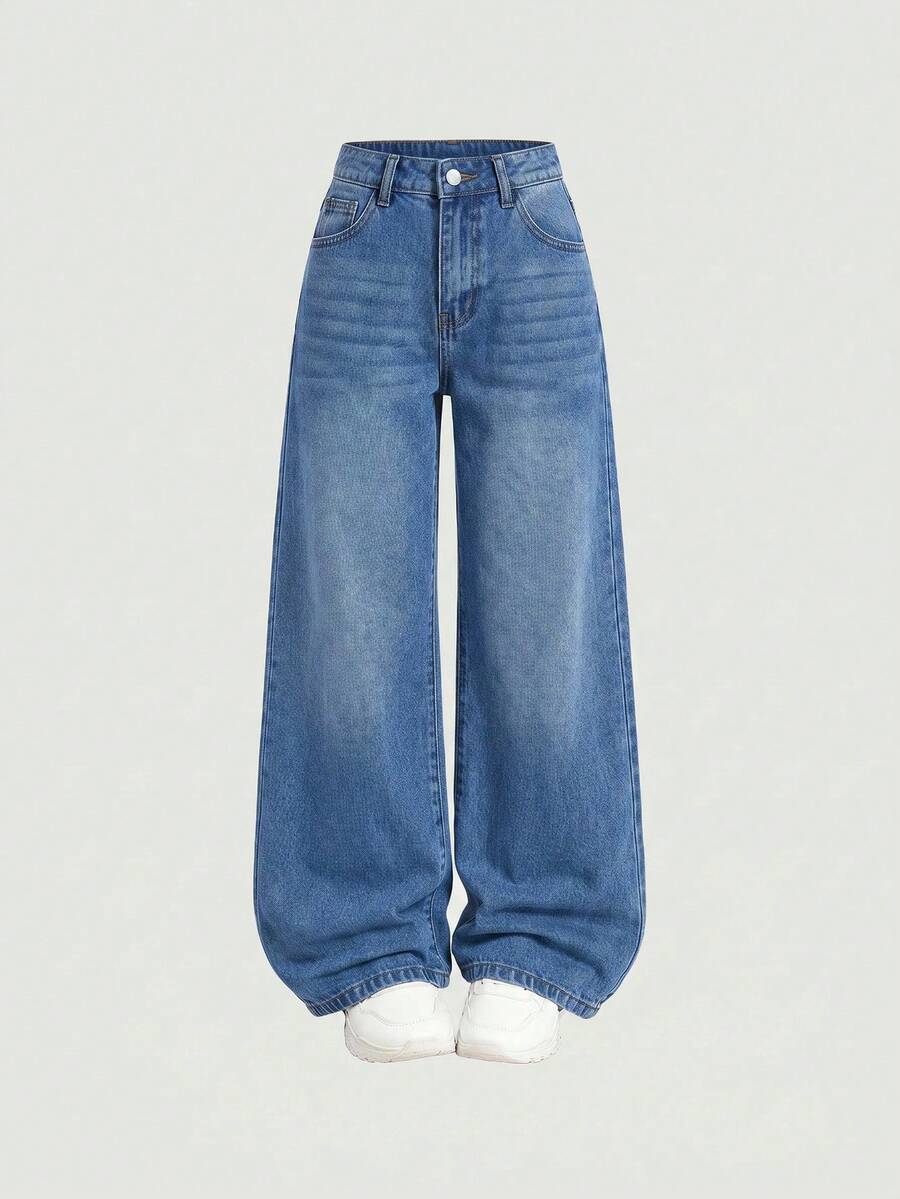 SHEIN Girlism 青少年女孩 Y2K 復古水洗高腰貓鬚水洗寬鬆寬腿牛仔褲,秋冬返校街頭風 - 中等水洗藍 - 查看 1