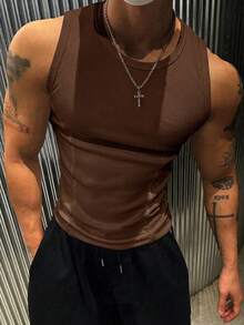 Manfinity Dauomo Men's Glamorous Coffee Brown Rib-Knit Tank Top Sleeveless Round Neck Regular Length Partywear - Coffee Brown - View 5