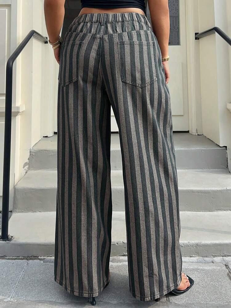 Dazy Plus Plus Size Women's Loose Fit Straight Leg Jeans, Plaid & Striped Patchwork Design, Casual Business Office Wear, Suitable For Spring, Summer, Autumn