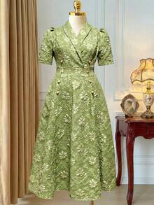 Rometta Áo blazer nữ cỡ lớn màu xanh lá cây kiểu vintage mới, tay phồng, họa tiết hoa 3D dập nổi, cổ bẻ, cài cúc đôi, eo thon gọn, thanh lịch, xếp ly, thích hợp cho đi làm, hẹn hò, dự tiệc, đám cưới. - Nhiều màu - Xem 6