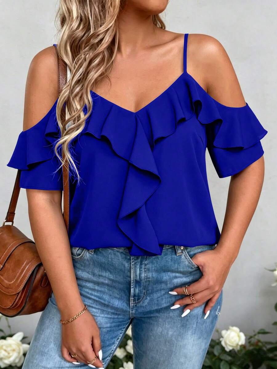 Linhara CURVE Plus Size Black Cold Shoulder Ruffle Top - Sexy Spaghetti Strap V-Neck Ruffle Trim Short Blouse, Designed For Curvy Women - Blue - View 1