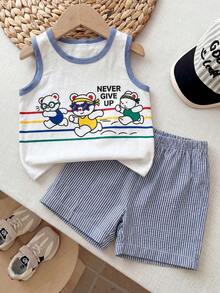 SHEIN Playful Pals Bộ đồ cho bé trai gồm áo ba lỗ cổ tròn và quần short kẻ sọc rộng rãi, thoải mái, in hình gấu hoạt hình đang chạy, thích hợp cho các hoạt động vui chơi ngoài trời. - Màu xanh lam - Xem 7
