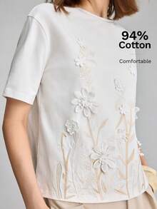 Ontre 2026夏季新款白色刺繡3D花卉女款T恤，都市通勤休閒風，適合夏季休閒都市穿搭，極簡時尚優雅女款外出上衣，女款圖案T恤 - 白色 - 查看 7