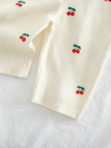 SHEIN Vintaside Kids 2件套女童休闲可爱纯色短袖上衣和花卉刺绣背带裤套装，适合春夏日常穿着 - 米色 - 查看 7