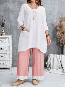 EMERY ROSE Plus Size Casual Solid Color Shirt And Contrast Color Pants 2 Pieces Set Fall - Pink - View 5