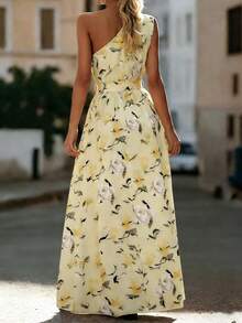 EMERY ROSE Women's Fashion Asymmetric Neck Ruched A-Line Elegant Printed Pleated Split Dress, Suitable For Spring And Summer - Multicolor - View 2
