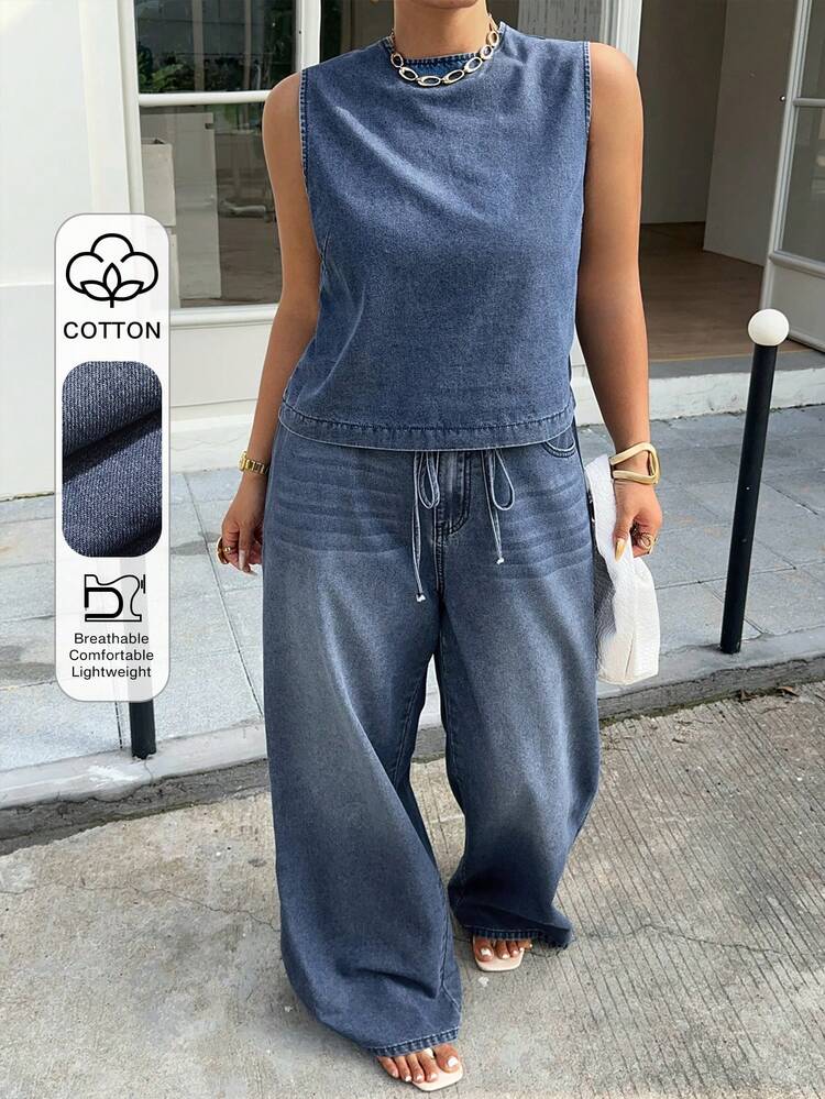 Dazy Plus Plus Size Women Blue Round Neck Short Sleeve Top And Loose Jeans Pants Set, Casual Spring/Summer Denim Outfit