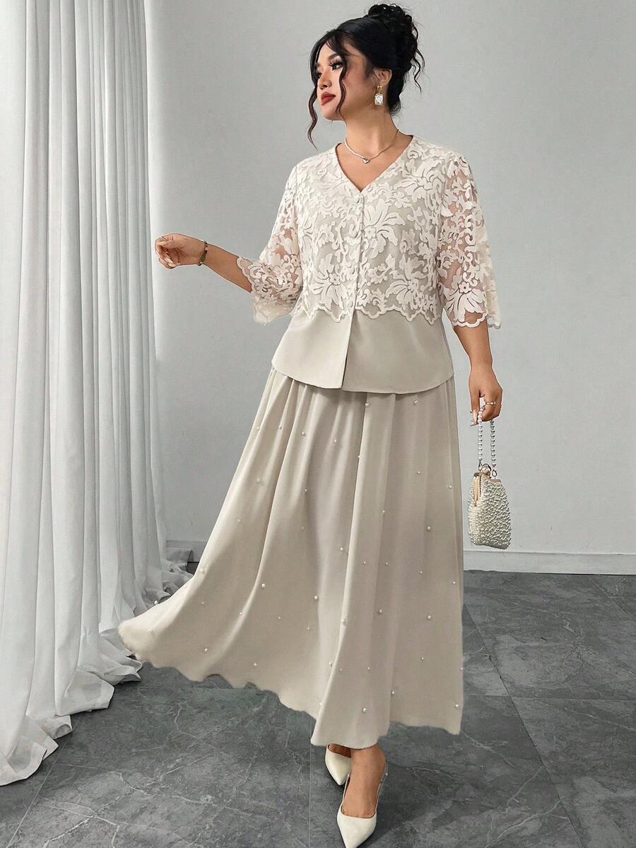 Modelyn Apricotfarbenes Top kombiniert mit Midi-Rock mit elastischem Bund, Dekor mit Kunstperlen, elegantes, damenhaftes Modeset in zwei Teilen - Aprikosenfarben - Übersicht 1