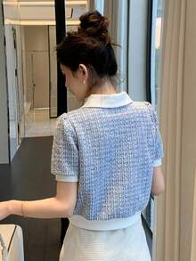DAZY Contrast Collar Puff Sleeve Polo Tee - Blue - View 2